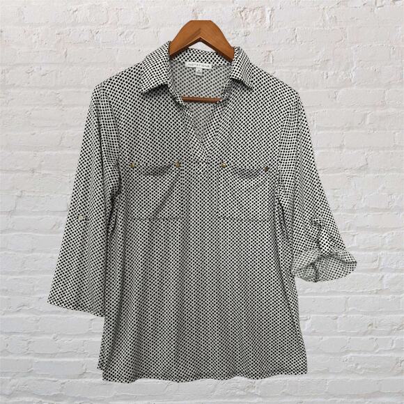 Notations Blouse Black White Geometric Print Button Front Roll Tab Sleeve Medium - Picture 1 of 10